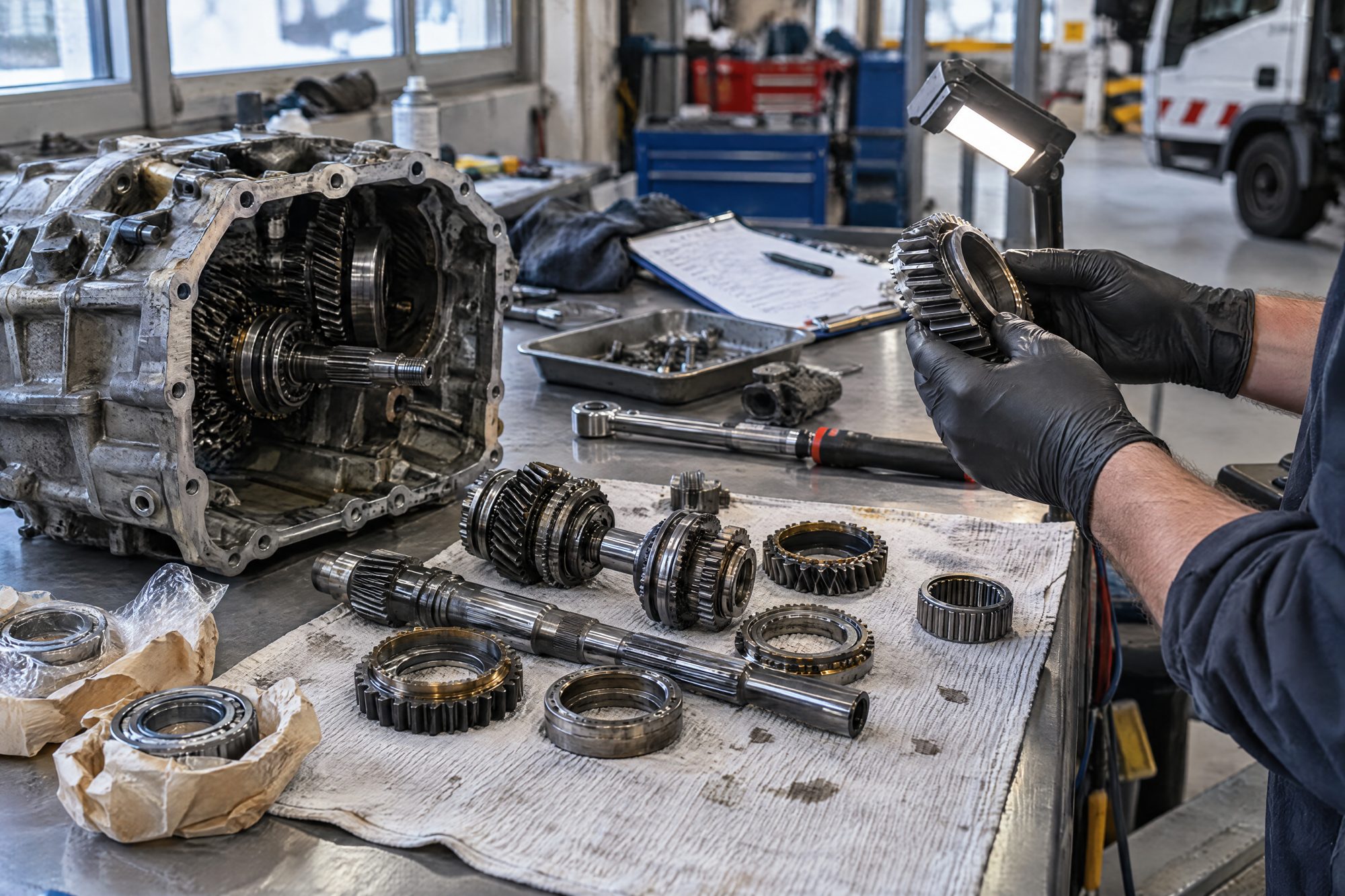 Geöffnetes Getriebe auf der Werkbank, Zahnräder und Wellen auf einem Tuch, Mechaniker prüft ein Zahnrad