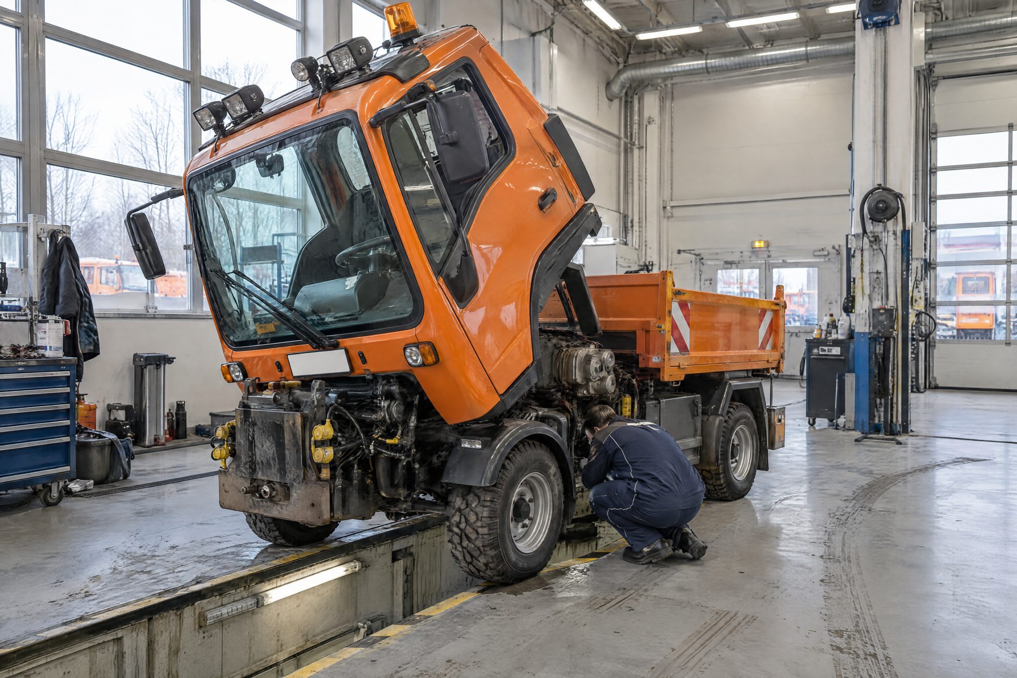 Kommunalfahrzeug mit gekippter Kabine über der Werkstattgrube, Mechaniker prüft das Getriebe
